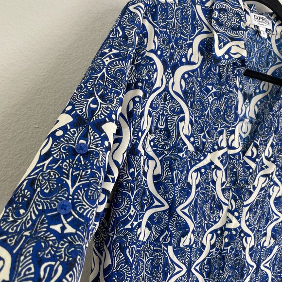 Express Portofino Shirt Womens Large Blue White Original Roll Tab Sleeve Blouse - Picture 6 of 8